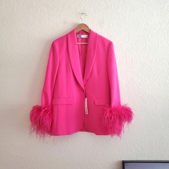 Zara Pink Feather Cuff Blazer Size S - Picture 14 of 14